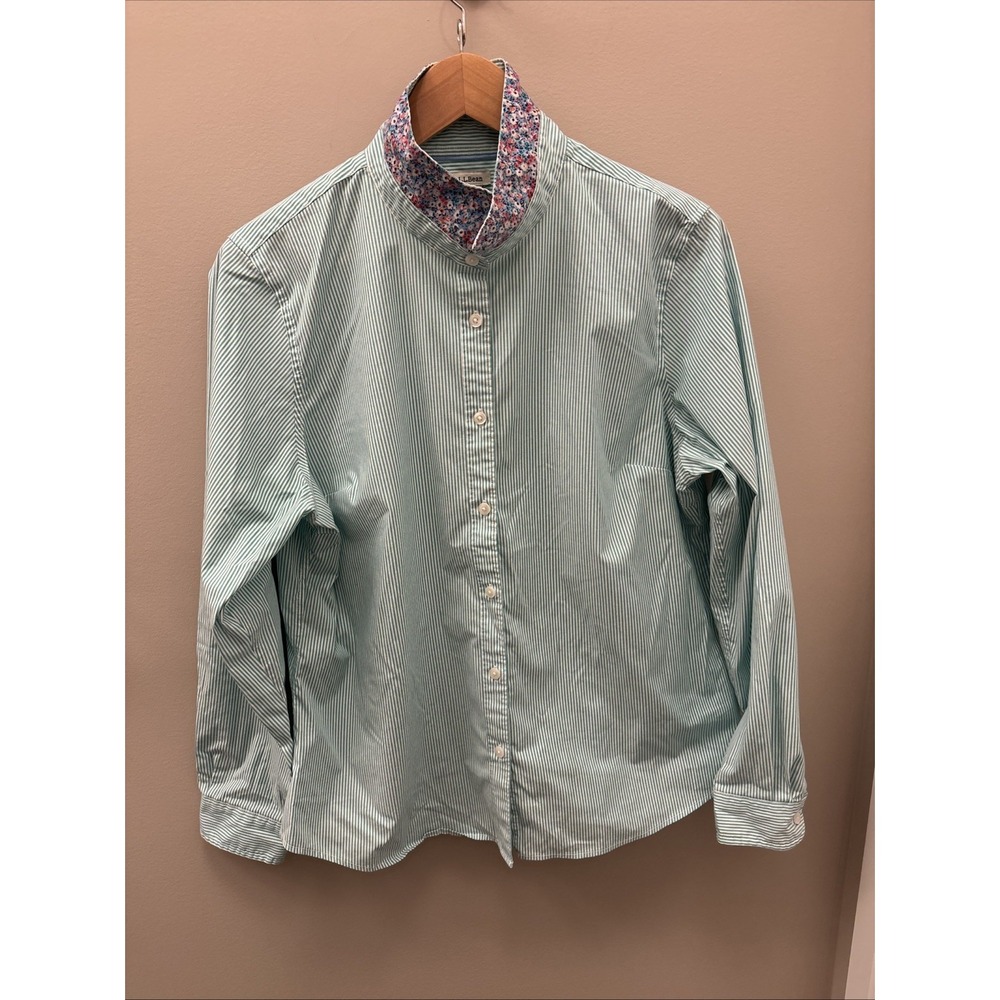 L.L. Bean Women Size L Button Up Top Blouse Shirt Striped Cotton Collared